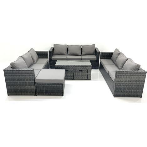 Fimous Ensemble de meubles de jardin en polyrotin 7 Pièces avec Table basse carrée 3 Tabourets Gris foncé mixte (1/5)