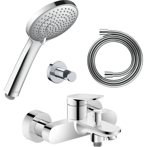 Conjunto de mezclador mécanico para bañera/ducha DURAVIT Wave + cabezal de ducha universal 3 chorros + manguera de 160 cm + soporte cromo pulido (1/5)