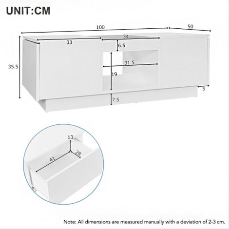 Table basse blanche 100 x 50 x 35,5 cm – Plateau verre, éclairage LED commandé par application, 2 tiroirs, 1 compartiment ouvert – Connectée et fonctionnelle (1/5)
