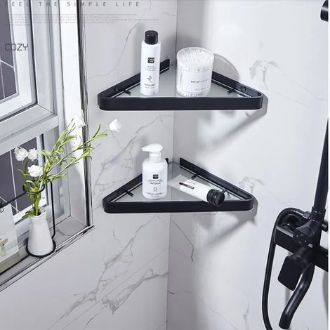 (Noir (2 pièces)) Étagère de salle de bain, étagère de douche en aluminium, étagère de douche en verre, finition noire, panier de rangement à ventouses, accessoire de salle de bain (1/5)