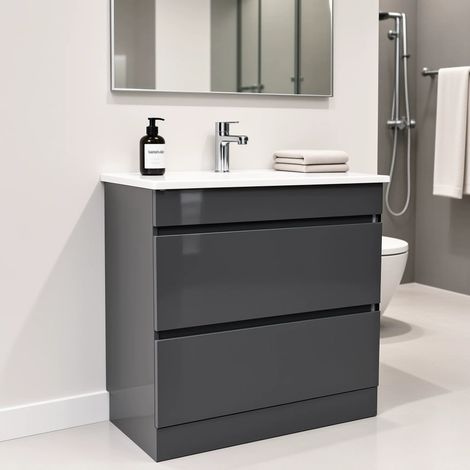 Meuble de Salle de Bains avec vasque/lavabo SOUS Meuble Apollo 80 LAQUE GRIS, 2 TIROIRS avec plan céramique (1/5)