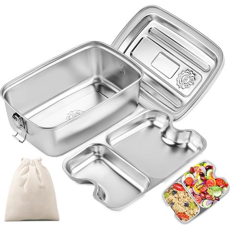 2000ml Boîte à Bento en Acier Inoxydable, Lunch Box Inox avec Compartiment et Sac, Anti Fuite, Passe au Lave-vaisselle, pour Pique Nique, Travail, Ecole-2 grilles (1/5)
