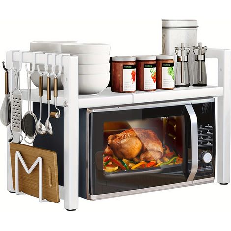 2 Tier Metal Microwave Oven Rack Shelf for Kitchen Tabletop with 6 Hooks,White (1/5)