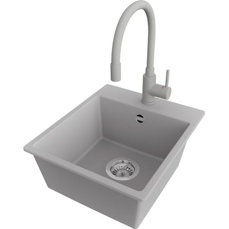 PRIMAGRAN Evier Cuisine en Granit 38x44cm,Lavabo 1 bac + Robinet 38x14cm + Kit de Vidage, Évier à Encastrer au meuble 40cm - Riga Easy, Gris (1/5)