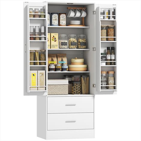 Buffet haut blanc 60x40x159 cm, 2 portes Shaker, 8 porte-épices, 2 tiroirs, panneau de particules (1/5)