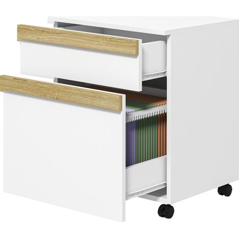 Caisson bureau roulettes 2 tiroirs coulissants trieur dossiers, 48x40x59,5 cm, blanc (1/5)