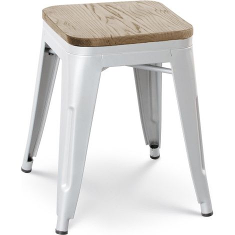 Hocker aus mattweißem Metall im Industriestil und Sitz aus hellem Holz - Ohne Rückenlehne - Höhe 46 cm