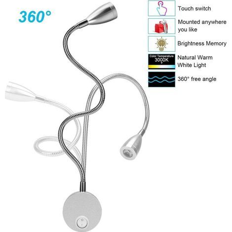 Lampe Chevet Murale 2 Lumières Applique Liseuse LED Col de Cygne Lumière 3W, 3000K Blanc Chaud Lampe de Lecture-- (1/4)