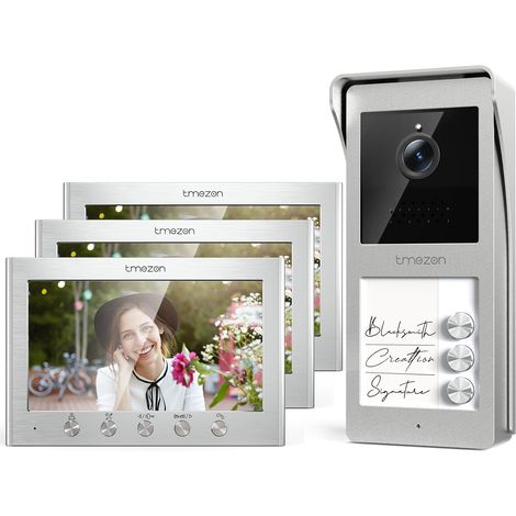 Visiophone Connecté à 2 Fils, Kit Interphone Vidéo Filaire avec 3 Moniteurs,Ecran TFT Couleur 7’’,Platine de Rue avec Caméra,Sonnette Vidéo Extérieur,Vision Nocturne,3 Familles/Appartements (1/5)