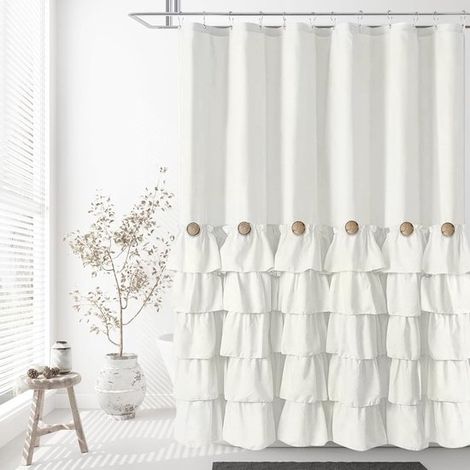 Tenda da doccia con un solo bottone, 180 x 180 cm, pieghevole, con graziose balze, bottoni in stile country vintage, elegante e bella, per il bagno. (1/5)