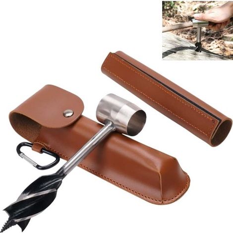 Trapano manuale Bushcraft - Trivella manuale per legno da esterno con fodero in pelle - Copertura protettiva e gancio - Adatto per campeggio e sopravvivenza - 168 × 38 mm (1/5)