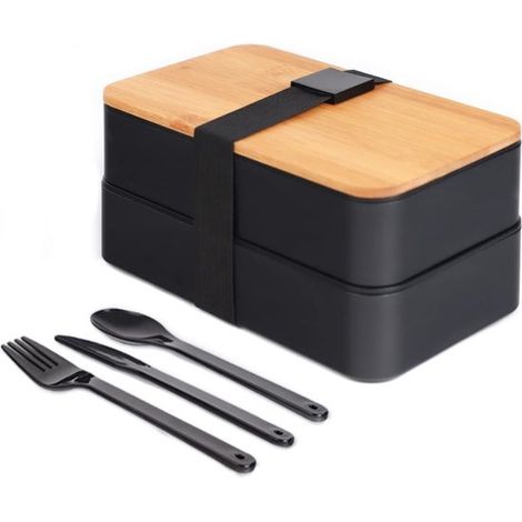 Japanische Lunchbox inkl Löffel Messer und Gabel BPA-frei Spülmaschinenfest Mikrowellengeeignet Bambus Lunchbox Lunchboxen Schule Büro Kinder Schwarz (1/5)