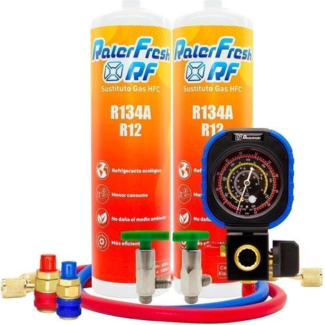 Pack 2 Botellas Ralerfresh RF sustituto del gas R12 y R134A mas llave, manometro y conectores (1/5)