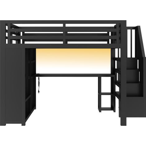 Cama alta gaming de metal 160x200 cm negra con escritorio, LED, armario y escalera (1/5)
