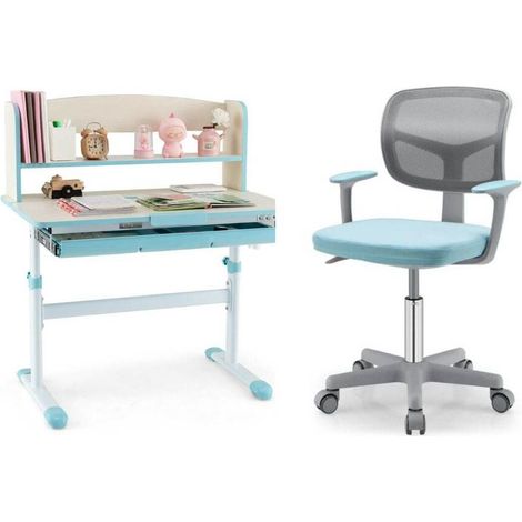 Ensemble bureau enfant + chaise de bureau bleus, réglables en hauteur, plateau inclinable, rangement pour étude (1/4)