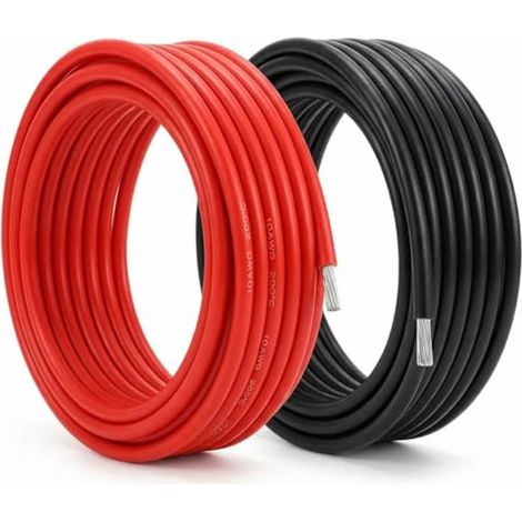 10 AWG 5,3 mm² Cable Electrique - 2,5 m Noir et 2,5 m Rouge - Fil Electrique en Silicone 1050 Brins Fil de Cuivre Étamé Basse Impédance pour Voiture RC, Marine, Drone (1/5)