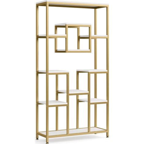 Bibliothèque géométrique à 11 niveaux avec cubes suspendus, étagère ouverte dorée et blanche pour salon ou chambre - CHICFURN (1/5)