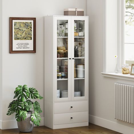 Aparador de cocina multiusos con armario y 2 cajones, mueble para salón y sala de estar con puertas de cristal con bisagras suaves y estantes ajustables, 59x30x164 cm, blanco