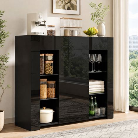 Aparador negro 95 x 35 x 83 cm con estantes de vidrio y frontal brillante HAVRYA (1/5)