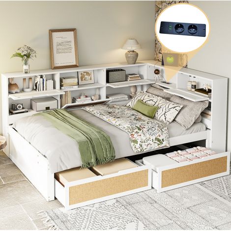 Letto divano multifunzione 140x200 cm bianco in MDF, con USB, contenitori e 2 cassetti (1/5)