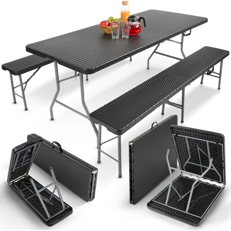 Arebos – Table de camping pliante 182x74cm – Ensemble 3 pièces pour 6 personnes – Résistante aux intempéries – Transportable avec poignées (1/5)