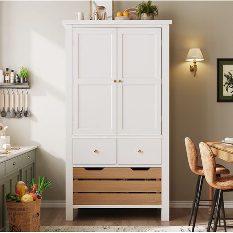 Buffet de cuisine 80x40x140 cm blanc en MDF avec 2 portes, 5 tiroirs et rangement sécurisé (1/5)