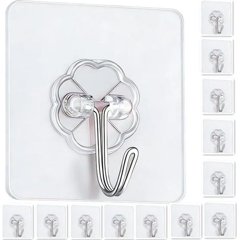 Ganci adesivi - Ganci da parete adesivi resistenti per appendere oggetti, ganci impermeabili rimovibili per bagno e cucina, confezione da 12 pezzi trasparenti, ganci che non danneggiano la superficie.