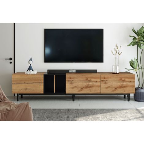 Mobile TV basso con design bicolore, mensole e 3 ante, mobile TV rovere selvatico Tavolo TV 195x48x37cm, in piedi e vintage industriale, colore legno+nero (1/5)