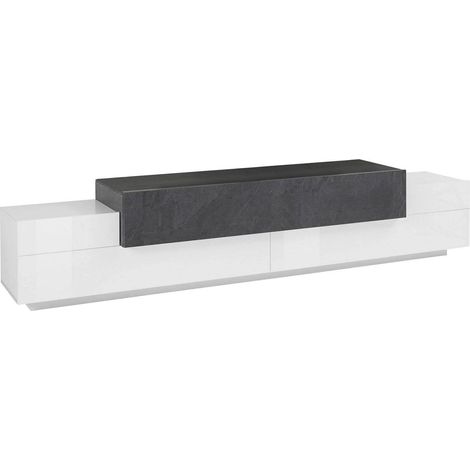 Dmora – Meuble TV moderne 240x45x52 cm – Buffet bas blanc brillant et ardoise – 100% bois mélaminé FSC – Charnières métalliques durables - 240x45h52 (1/5)