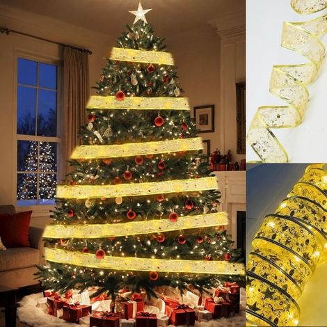 Guirlandes LED Noël 10 m 100L, guirlande lumineuse à piles pour sapin, intérieur maison, déco festive hivernale (Or) (1/5)
