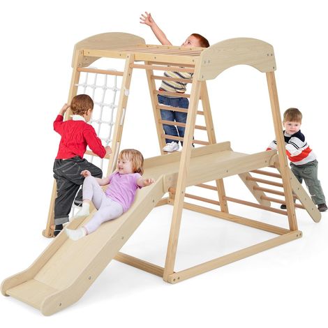 Costway – Aire de jeux intérieure en bois 6 en 1 – Toboggan avec zone tampon – Échelle et filet pour grimper – Charge 60kg – Pour enfants 1 an+ (1/5)