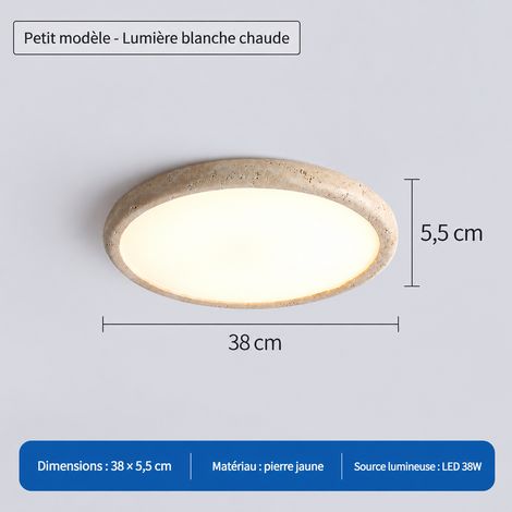 Plafonnier LED travertin jaune et bois massif 38 cm - lumière neutre wabi-sabi pour salon chambre IRC 80-90, 3 kg – Livraison gratuite