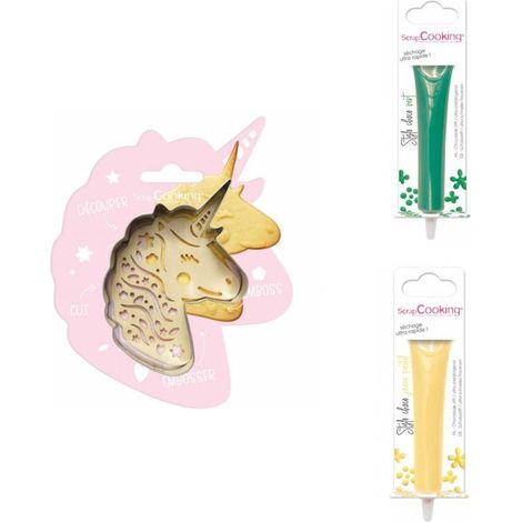 Kit pour biscuit en relief Licorne + 2 Stylos au chocolat vert et jaune pastel