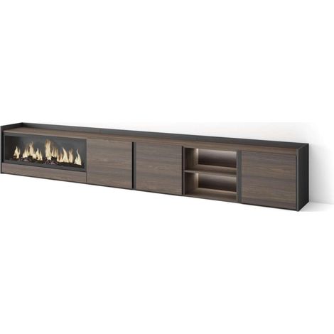 Mueble TV Benarrabá-02 de 315x50x35 cm con chimenea eléctrica y luces LED, color roble oscuro y negro (1/4)