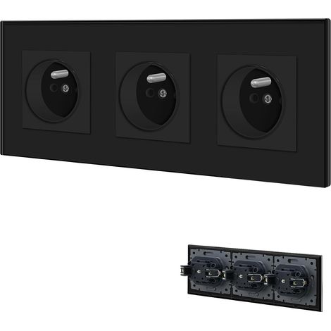 Prise Murale,Prises electriques Standard avec des griffes,16A 110-250V Triple Prise de Courant Alternatif avec Panneau en Verre Cristal,Prise Encastrable, pour Bureau à Domicile(3 Prise,Noir) (1/5)