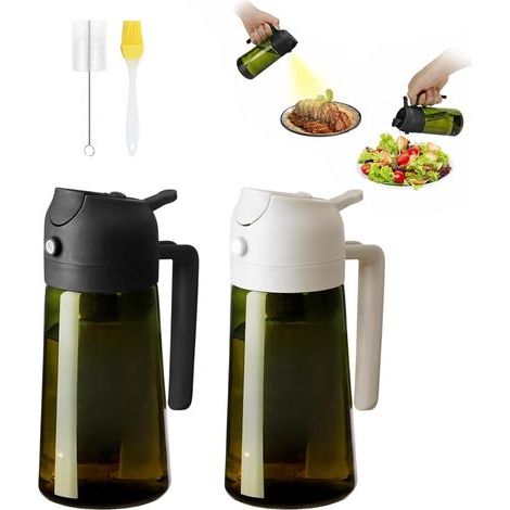 2 Pièces Pulvérisateur et Distributeur 2-en-1 470ml – Spray Huile en Verre Anti-UV, Sans BPA, pour Cuisine, Salades, Barbecue et Friteuse d’Air – Noir & Blanc (1/5)