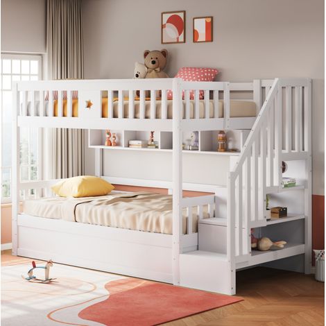 Litera 90x200 cm blanca de madera con cama hidráulica, estanterías y escalera con almacenaje (1/5)