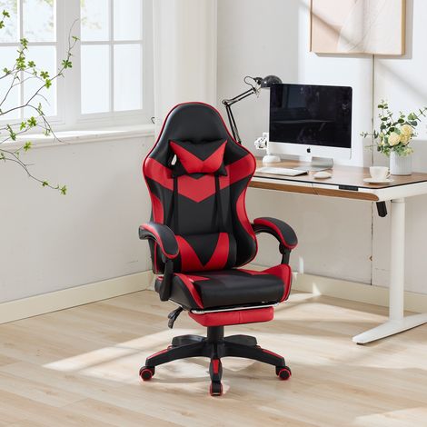360°-Drehbare Ergonomische Rennsport-Design-Gaming-Stuhl Leder Hochlehnsbürostuhl Höhenverstellbarer Arbeitsstuhl mit Fußstütze, Kopfstütze und Lendenstütze für Büro und Gaming – Schwarz&Rot