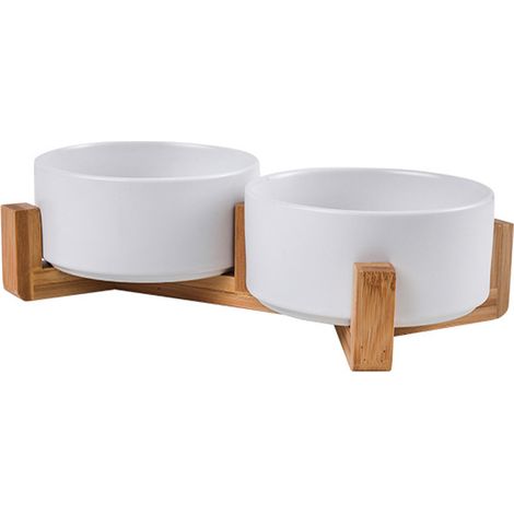 2 cuencos de cerámica, 400 ml, soporte de bambú, doble cuenco, para perros y gatos. (1/5)
