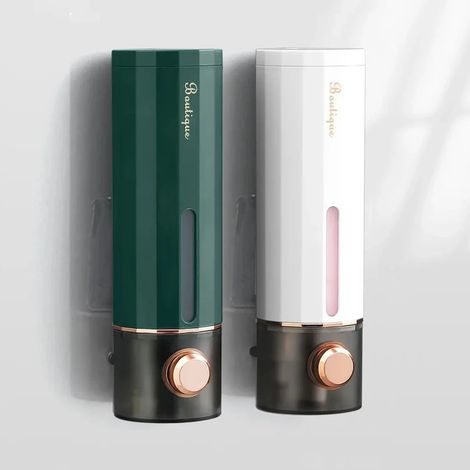 Distributeur de savon mural non perforant (vert et blanc) 450 ml - Fixation adhésive pour gel hydroalcoolique, shampoing et gel douche - Usage domestique et hôtelier (1/5)