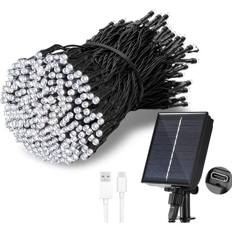 Guirlande Lumineuse Exterieure Solaire, 【Charge USB】, 20M 200 LED Guirlande Solaire, 8 Modes, Etanche, Décoration pour Jardin, terrasse, Balcon (Blanc Chaud)