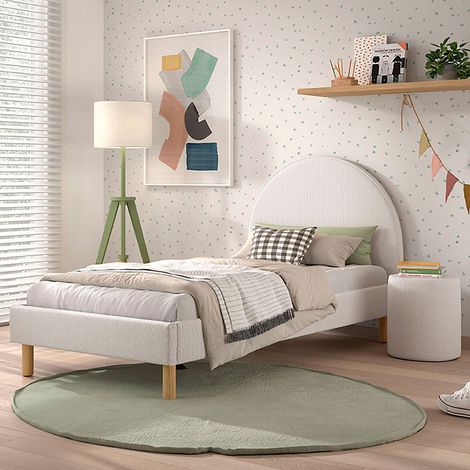 Lit 90x200 cm avec 1 chevet en tissu bouclé blanc - LUNA
