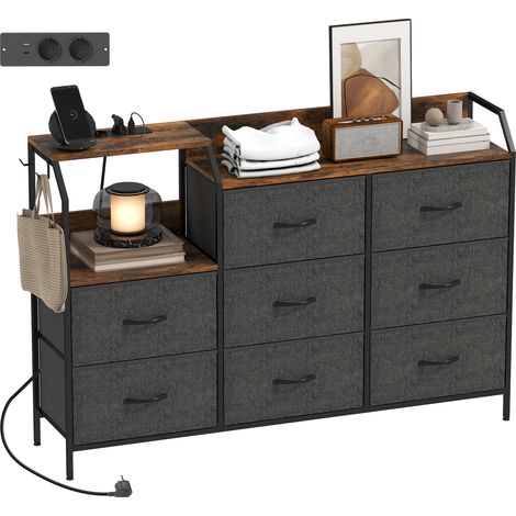 Kommode mit 8 Stoffschubladen und offenem Fach, Schlafzimmermöbel mit USB-Ladestation, 130,5 x 30 x 88 cm, braun