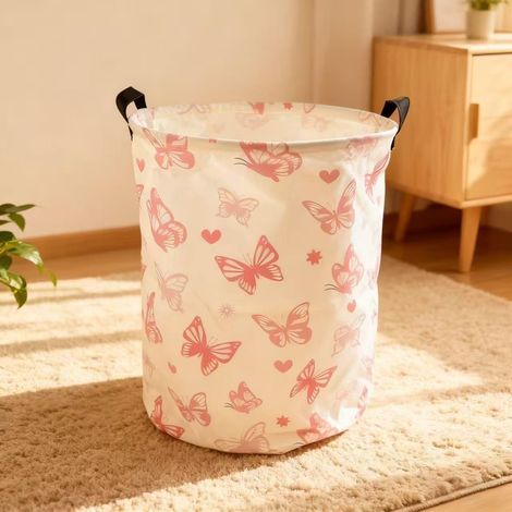 Panier à linge rose imperméable – Bac de rangement pliable pour chambre de fille, panier à jouets pour enfants, décoration, panier-cadeau (motif papillon rose) (1/5)