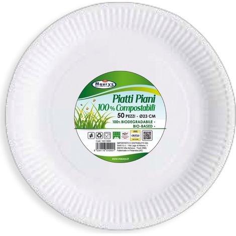 MAURY'S PIATTI PIANI DA 23 CM COMPOSTABILI BIODEGRADABILI IN CONFEZIONE DA 50 PZ