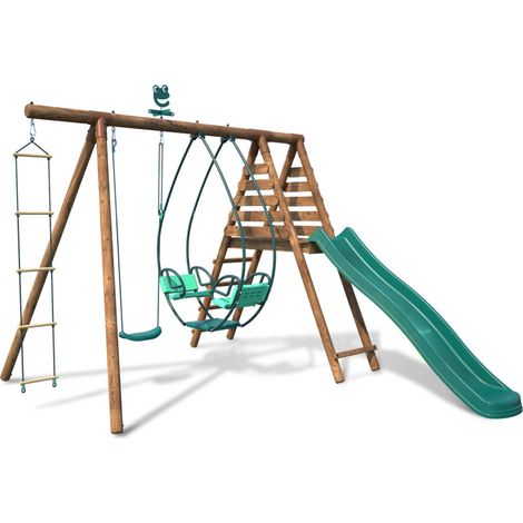 Portique en bois rond 3 agrès avec face à face, échelle et toboggan LAVANDE (1/5)
