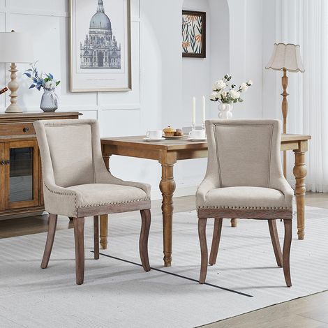 Chaises de salle à manger extra-larges, assises rembourrées en tissu, clous en bronze, lot de deux, beige (1/5)
