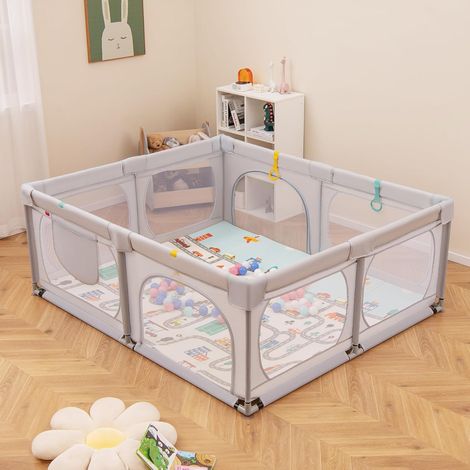 Goplus – Parc bébé 189x158 cm avec tapis – 4 anneaux de traction – 50 balles océaniques – Maille respirante intérieur extérieur – Sac de transport inclus (1/5)