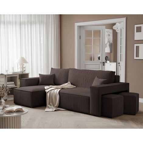 Ecksofa Schlafsofa Sofa ADARA inkl. Hocker Stoff Poso Dunkelbraun Ottomane Links