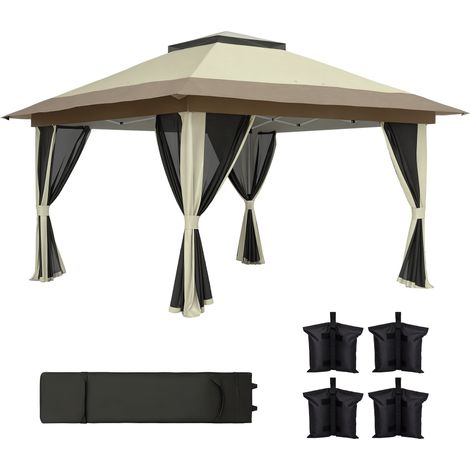 Pergola pieghevole 3,6x3,6 m con pannelli laterali in rete UPF50+, altezza regolabile, borsa con ruote e sacchi di sabbia, colore crema.